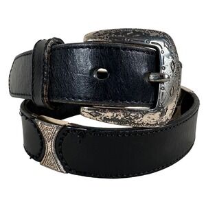 Western‎ Black Leather Belt Silver Buckle Women's Vintage Distressed boho